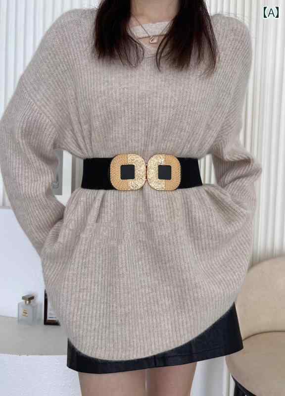 ベルト 幅広 ウエストマーク ゴールド Big バックル ワンタッチ ノンホール ベルト ストレッチ ストレ..