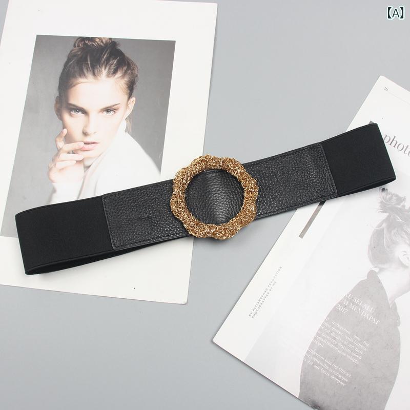 ベルト 幅広 ウエストマーク ひまわり フラワー 牛革 ソフト レザー ワイド ベルト シンプル ガードル 革 装飾 快適 ゴム バンド 大人 カジュアル ガーリー ゴールド バックル ウエストマーク アップ(4)