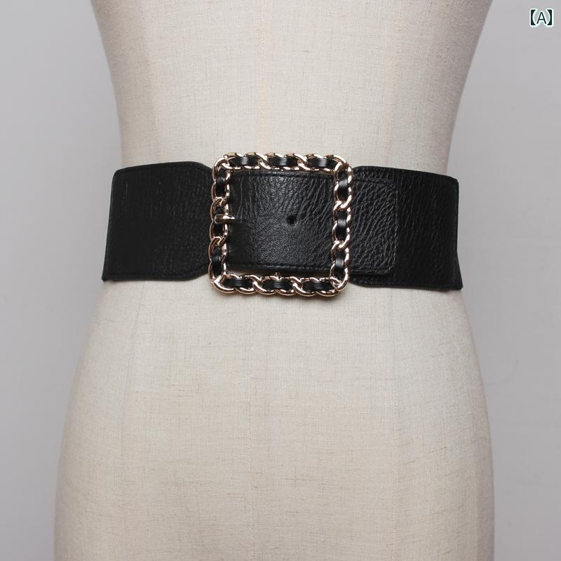 ベルト 幅広 ウエストマーク 太ベルト ワイド 秋冬 レディース 革 レザー スクエア チェーン バックル 装飾 ドレス コート 巻く ガードル ウエストマーク カジュアル 大きめ BIG くびれ 強調