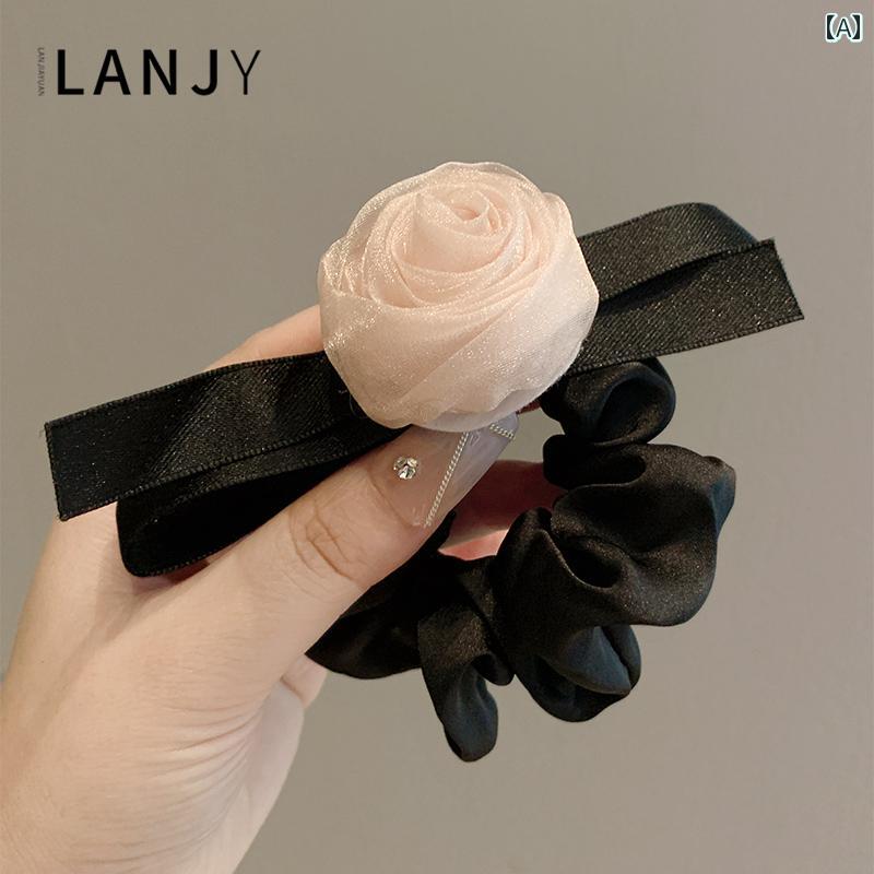 レディース ヘアアクセサリー 髪飾り ヘアゴム メッシュ ローズ ヘアネクタイ ファッション ヘアロープ..