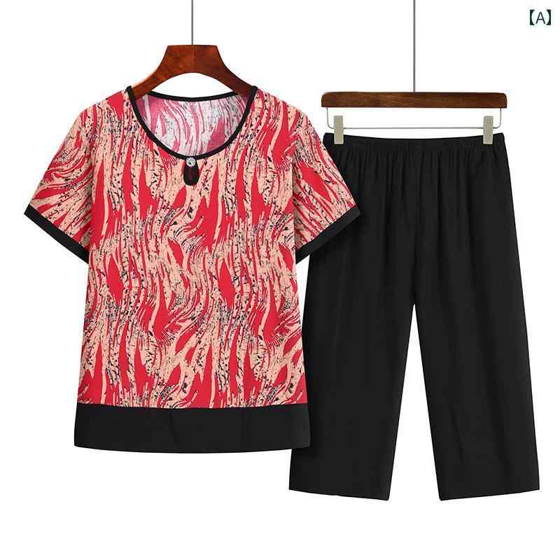 婦人服 セットアップ 高齢 母 春夏 綿麻 二点 セット おばあちゃん 服 上下セット ゆったり ラクちん Tシャツ ズボン トップス ボトムス パンツ ウエストゴム 大きめサイズ