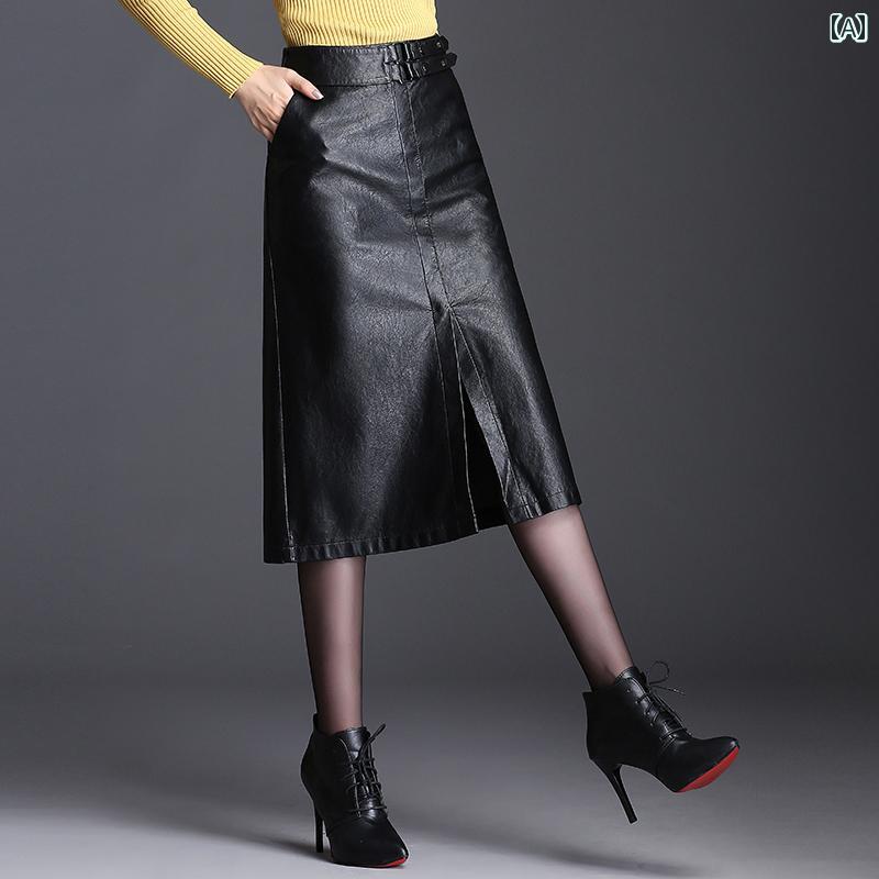 レザー スカート Aライン ミモレ丈 PU レディース 春秋 スリット スリム ペンシル ロング