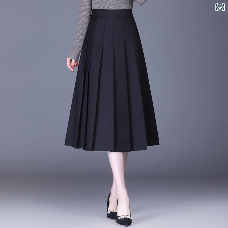 スカート 大人 レディース ハイウエスト カーキ プリーツ 春秋 丈 Aライン 肌 カバー