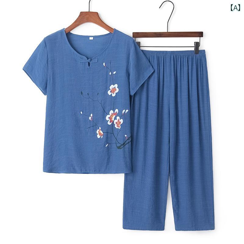 婦人服 セットアップ 高齢 母 春秋 綿麻 上下 二点 セット 半袖 おばあちゃん 服 ゆったり ラクちん パジャマ Tシャツ 部屋着 ズボン トップス ウエストゴム 大きめサイズ 花 梅 プリント