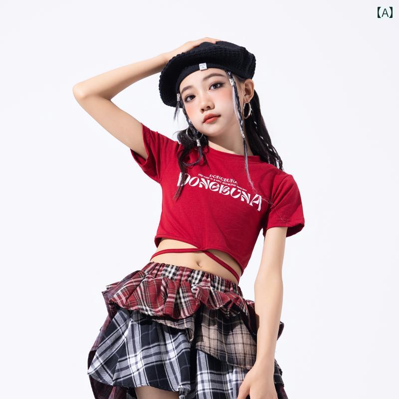 キッズ 子供 半袖ショートトップス チェックスカート 女の子 お腹見せ ダンス 衣装 セット ヒップホップ ストリート ステージ パフォーマンス ファッション キュート 韓国 おしゃれ かわいい