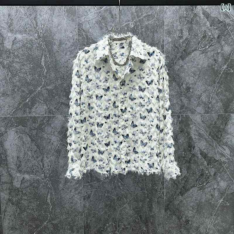 Casual Shirts - メンズ アメリカン バタフライ プリント 長袖 シャツ フリンジ 春 トップス 韓国 ファッション ポインテッドカラー カジュアル おしゃれ