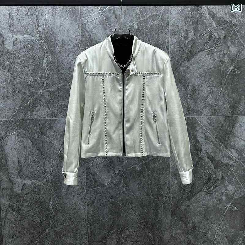 メンズ スタッズ装飾 ジャケット ショート 春秋 ファッション 長袖 アウターウェア スクエアネック ジッパー カジュアル 個性 おしゃれ