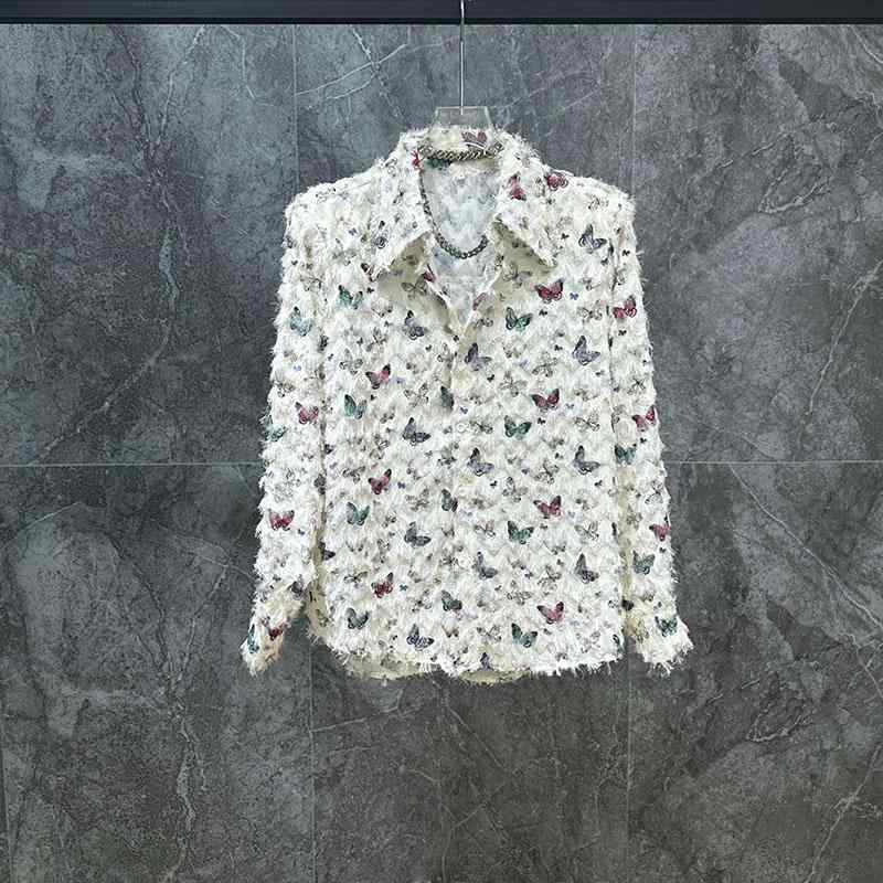 長袖シャツ 春夏 アメリカン バタフライ プリント シャツ メンズ ファッション フリンジ ポインテッド..