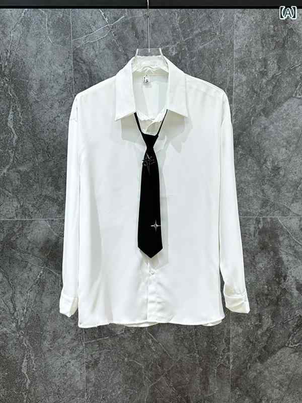 長袖シャツ メタル装飾 ネクタイ シャツ 韓国 アイロン不要 メンズ 春 ファッション トップス カジュアル シンプル