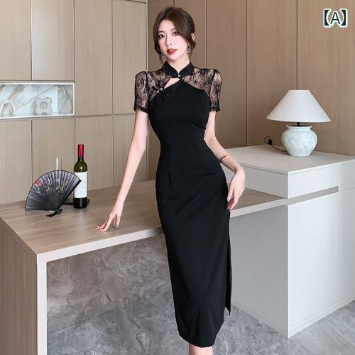 China Dress - レディース チャイナ ドレス エレガント パーティー 魅力 レトロ ジッパー ローマンコットン オールシーズン 半袖 ミモレ丈 黒 ジッパー 横開き アップ セクシー