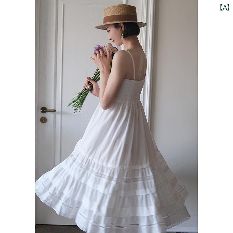 肩紐ワンピーススカート レディース フレンチレース レトロ ノスタルジック 幅広フレア 大きめスイング コットン100 リラクシング リゾート 丈 フェミニン ナチュラル エレガント 夏