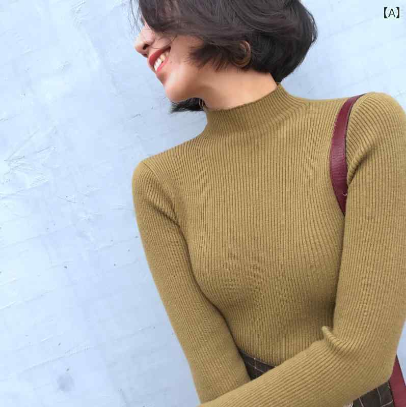 Turtleneck - セーター 長袖 レディース ハーフハイネック 秋冬 トップス スリムフィット プルオーバー エレガント シック シンプル モダン レトロ 暖か ノスタルジック おしゃれ カジュアル