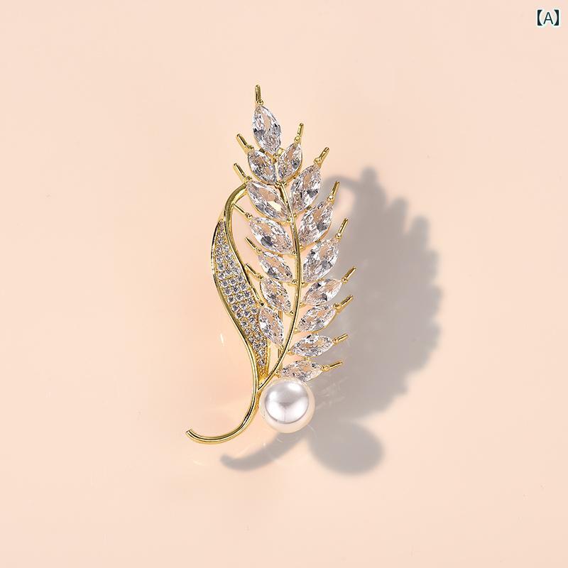ブローチ 葉 麦 稲穂 小麦 パール レディース 精巧 アクセサリー スカーフ ピン バックル 気品 コサー..
