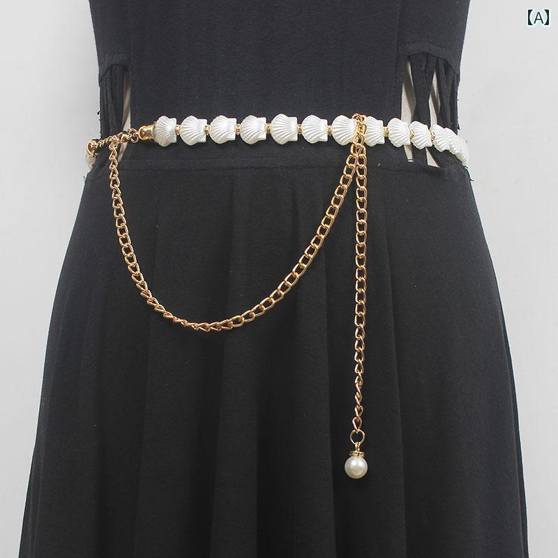ベルト 韓国 レディース アクセサリー パール ウエスト チェーン 装飾 ドレス かわいい おしゃれ 貝 ホワイト ベルト