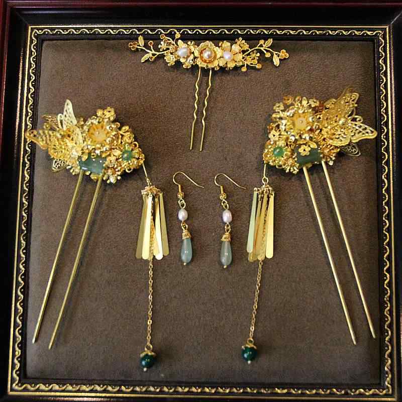 レトロ チャイナ風 韓国 髪飾り ピアス かんざし 五分丈セット ヘッド ドレス ゴールデン タッセル ヘアアクセサリー セット品 アクセサリー エスニック パーティー 仮装 イベント 大人式 金