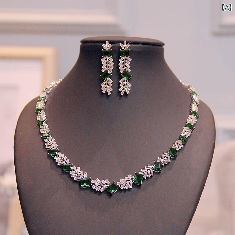 ブライダル 韓国 ネックレス ピアス セット アクセサリー ウェディング ドレスアップ グリーン ストーン 緑葉 豪華感 重厚感 イブニングドレス パーティー