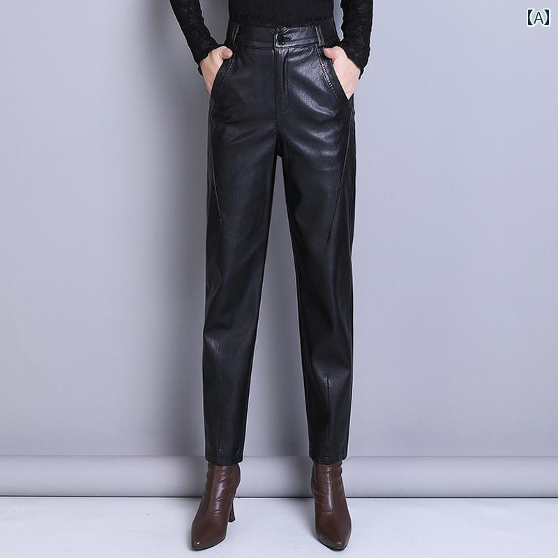 レザーパンツ レディース 韓国ファッション アップ 秋 ポケット 九分丈 ボトムス PU ハイウエスト ブラック マルチウェイ 韓国
