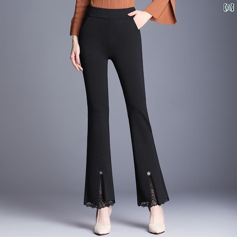 パンツ レディース カジュアル レース ポケット 黒 秋 ズボン ブーツカットパンツ ハイウエスト ロング 上品 スタイリッシュ ボトムス ファッション ズボン