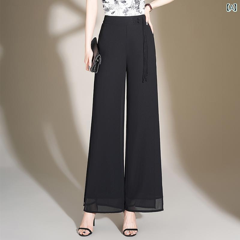 Cropped Pants - パンツ レディース レトロ ドレープ ハイウエスト ズボン 薄手 夏 ワイドレッグ ロング ウエストリボン 上品 パーティー 華やか 大人 おしゃれ ファッション