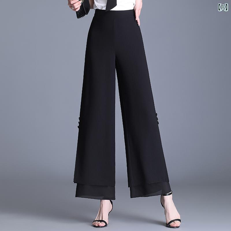 Nylon, Rayon, Polyester - パンツ レディース 韓国 カジュアル スタイリッシュ ファッション 黒 ハイウエスト 夏 コラージュ 九分丈 薄手 ワイドレッグパンツ ライン ロング 通勤 快適