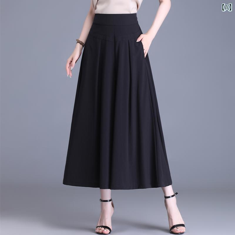 Nylon, Rayon, Polyester - レディース カジュアル パンツ ハイウエスト スタイリッシュ 九分丈 シンプル 夏 ポケット 薄手 ワイドレッグ ファッション 涼しい 通気性 通勤