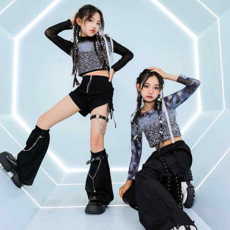 キッズ ダンス 衣装 子供 女の子 へそ 露出 夏 メッシュ スパンコール キラキラ スーツ ステージ ショー パフォーマンス 発表会 おしゃれコーデ ポップ ストリートファッション