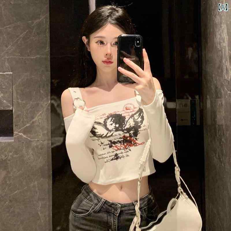 Tシャツ 長袖 アメカジ オフショルダー ダンス クラブ へそ出し ヒップホップ 衣装 KPOP カジュアル レジャー 通学 休日 ホームウェア 快適コーデ レディース
