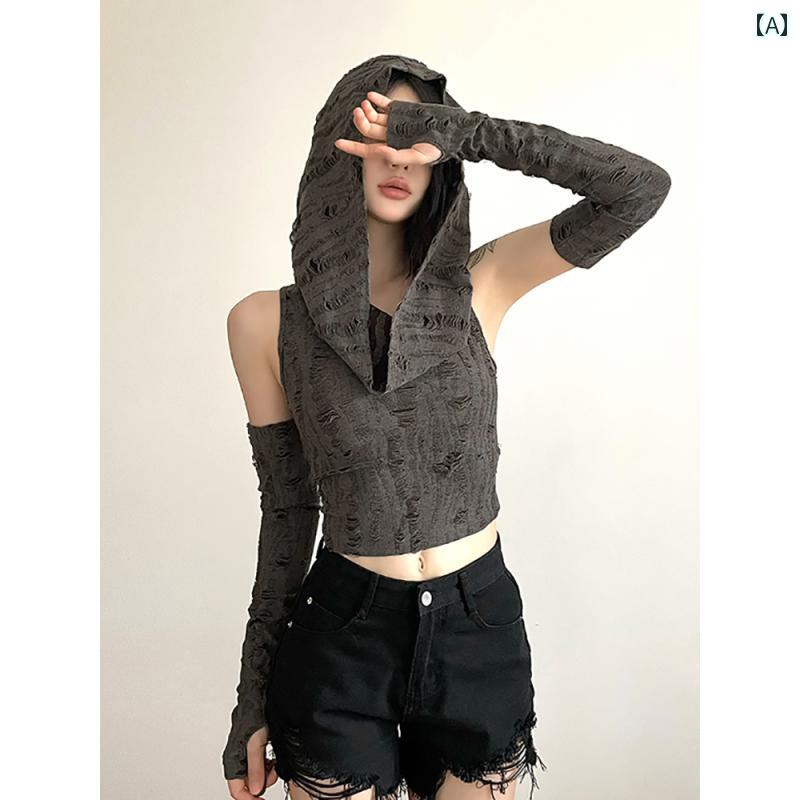 レディース フード付長袖 ショートトップス スリーブ 性 セクシー 肌見せ Y2K スタイリッシュ おしゃれ かわいい 韓国 デート レジャー イベント フェス レジャー 衣装 普段使い使い