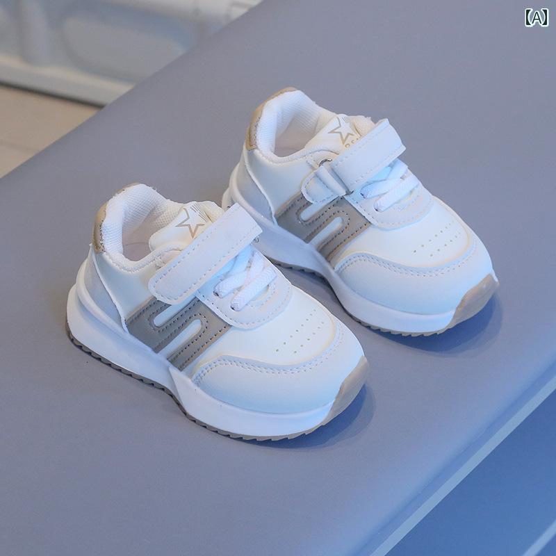 キッズ ジュニア シューズ 靴 カジュアル スポーツ スニーカ 春秋 子供 ランニング 革 白 シンプル 滑..