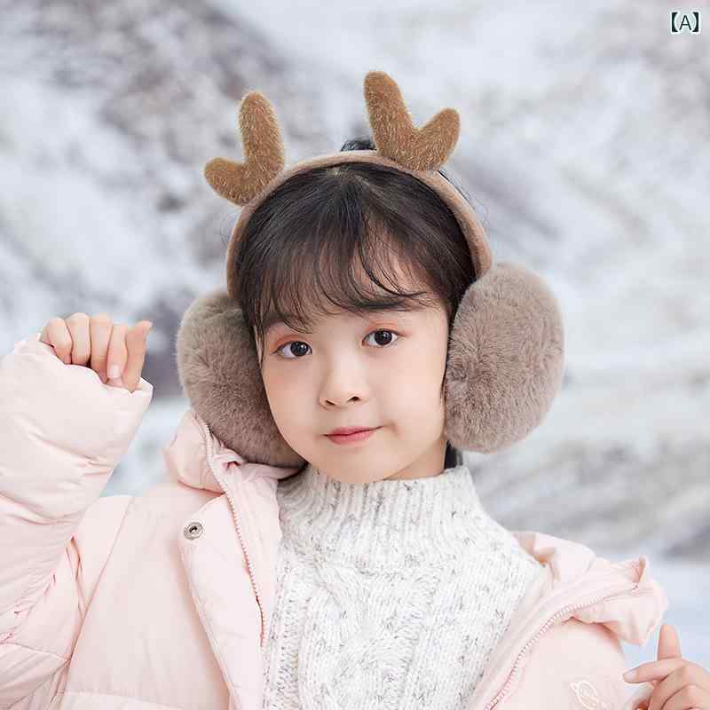 かわいい 子猫 トナカイ 子供 冬 暖かい 裏起毛 フェイクファー 厚手 耳保護 イヤーマフ 男の子 女の子