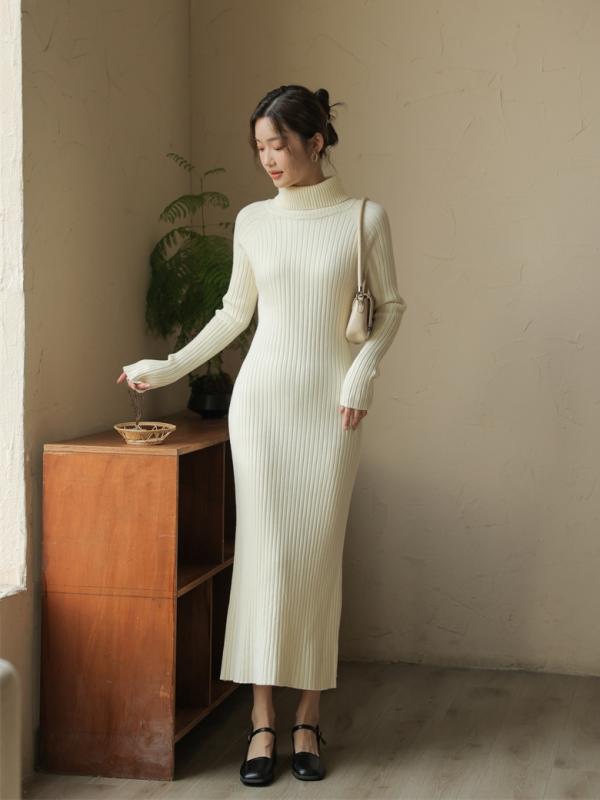 ワンピース レディース タートルネック ニットドレス 秋冬 足首丈 スリム ボトム ロング セーター スカート コート