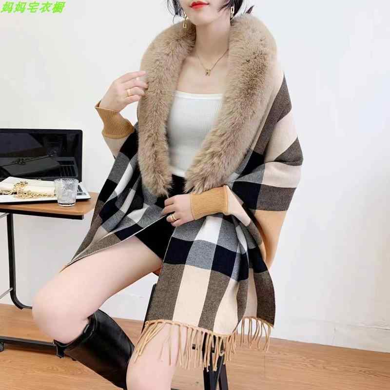 レディース 秋冬 フェイク ファー襟 ニット マント 袖 タッセル 丈 ウール 暖かい 厚手