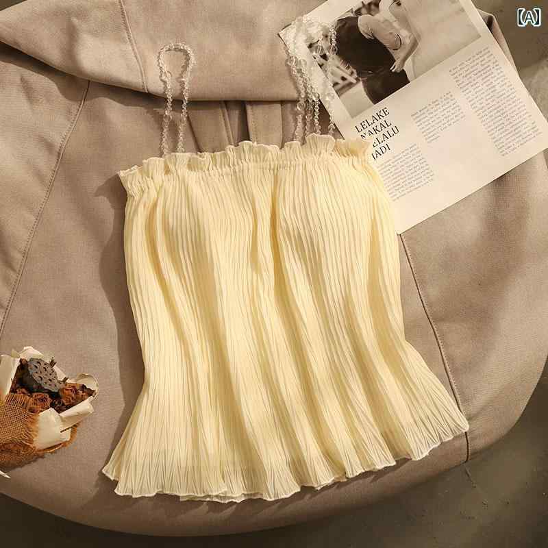 キャミソール フレンチ シフォン シック 夏 レディース 魅惑 プリーツ トップス ビーズ ゆったり 夏ウ..
