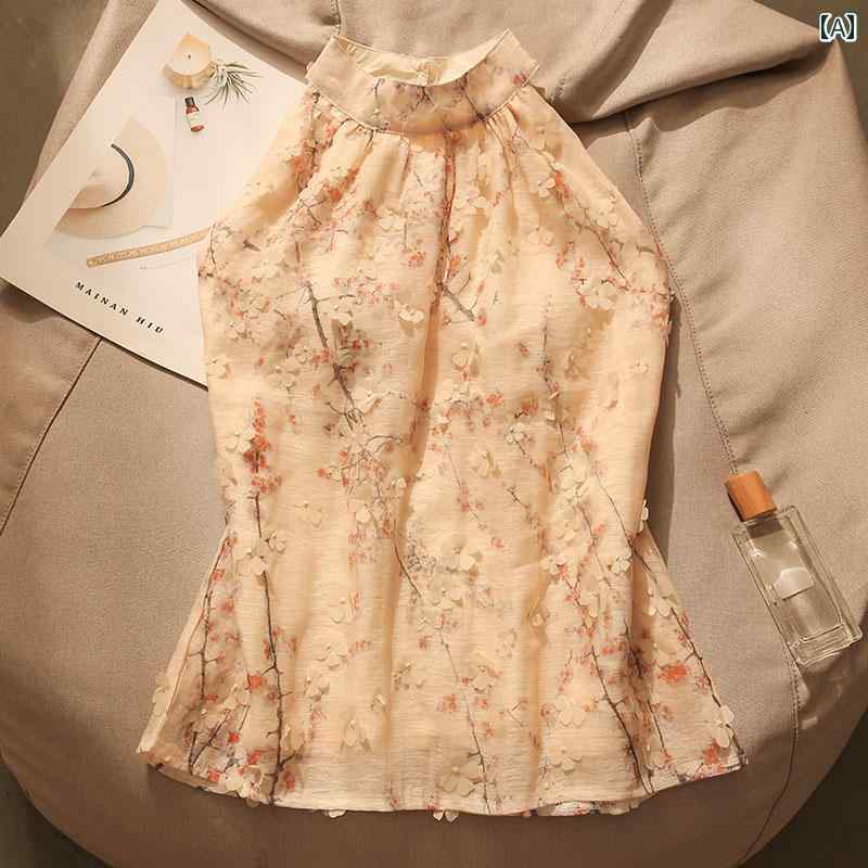 キャミソール チャイナ風 ジャカード ホルターネック レディース 夏 ゆったり スリム見え ノースリーブ トップス フラワー フェミニン