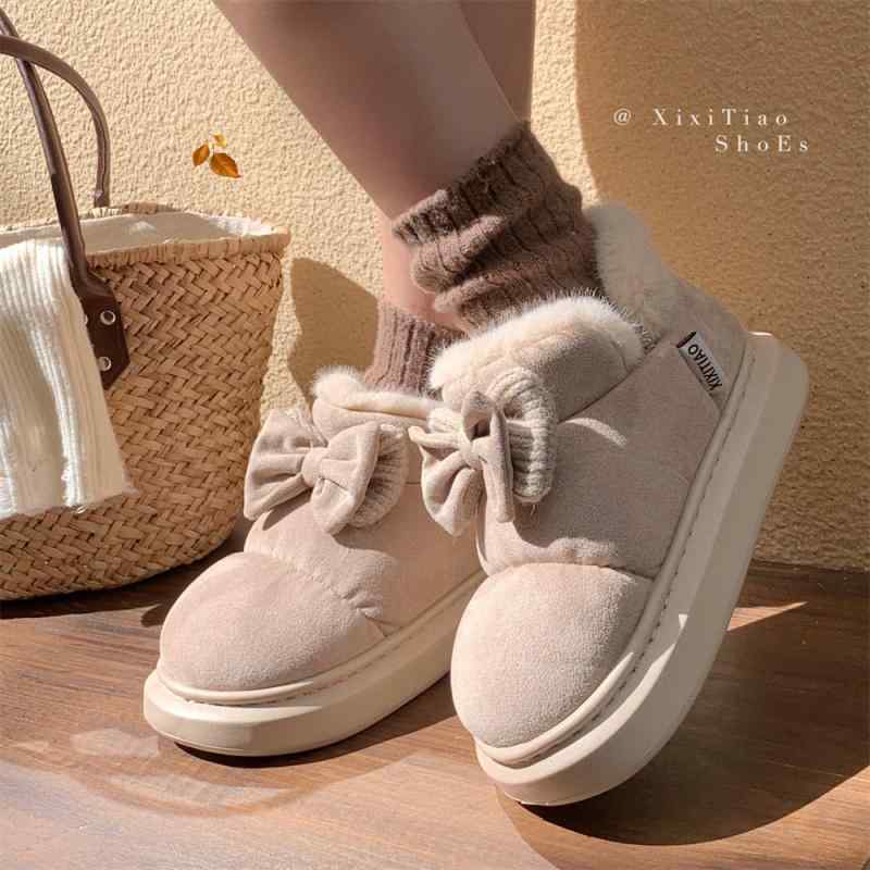 スリッパ ルームシューズ ショートブーツ 韓国 冬 コットン レディース リボン ラウンドトゥ 厚手 滑りにくい 保温性 PVC