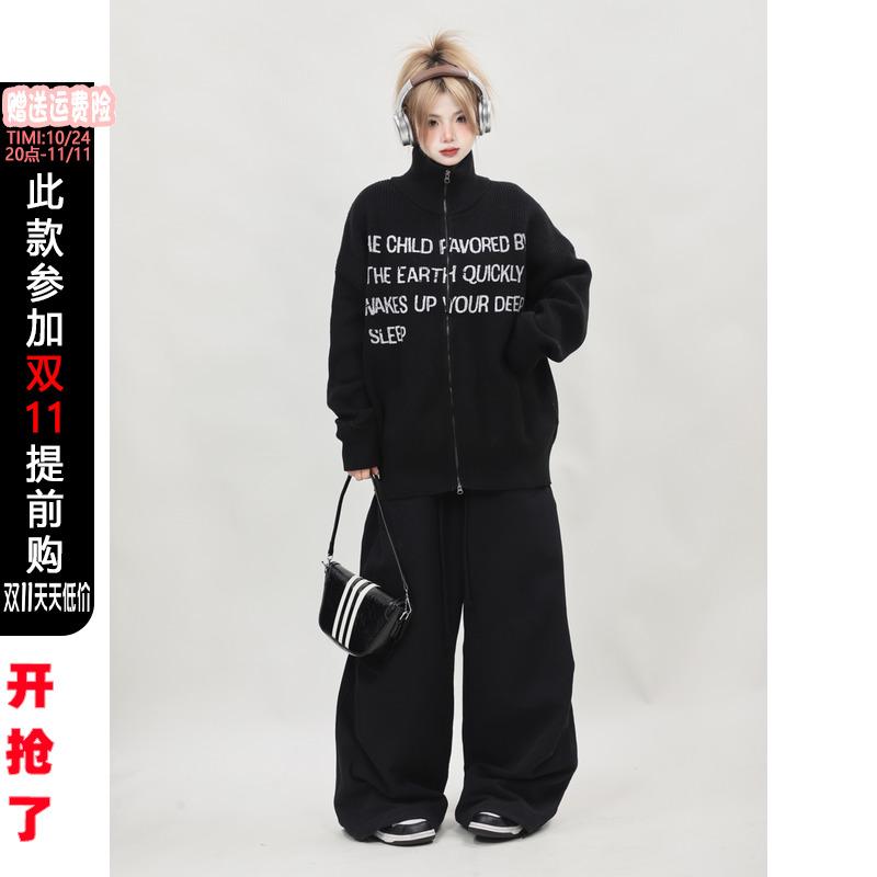 秋冬 ジッパー ニットカーディガン レトロ ゆったり スリム タートルネック 黒 セーター ジャケット レディース