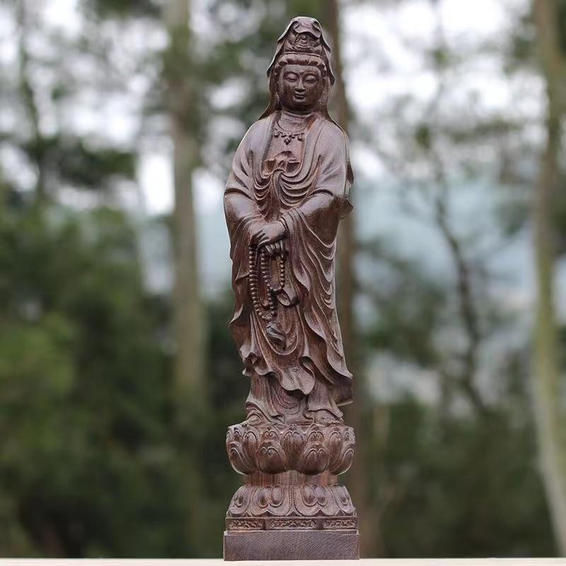 彫刻 観音 菩薩 置物 風水 木彫り 仏像 木 マホガニー 家庭 ギフト インテリア レトロ
