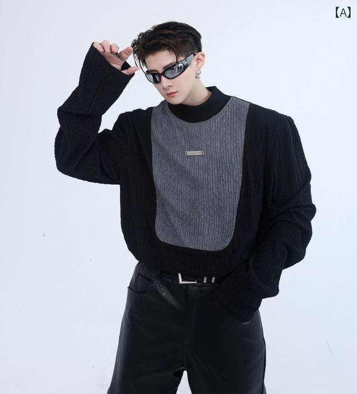 メンズ トップス 秋冬 レトロ スタンドカラー Tシャツ 長袖 ネット プルオーバー