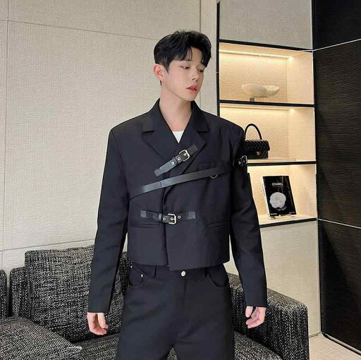 メンズ ジャケット ショートブレザー 春 バンドル 韓国 レザーストラップ アウター ショート丈 ショート メンズ ジャケット ショートブレザー 春 バンドル 韓国 レザーストラップ アウター ショート丈 ショート