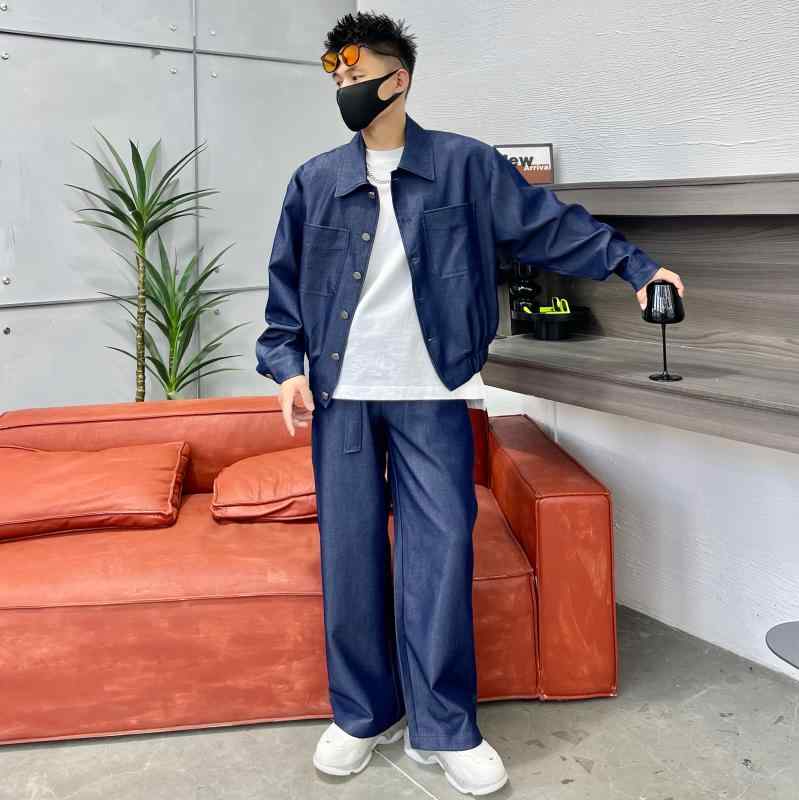 ファッション メンズ 春秋 カジュアル ジャケット 韓国 ゆったり生地 ワイドレッグパンツ 2枚