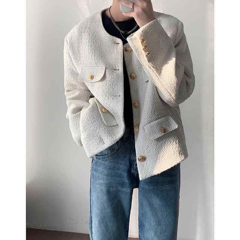 春 韓国 ツイード ラウンドネック ジャケット メンズファッション シングルブレスト ショート ホワイト ブラック