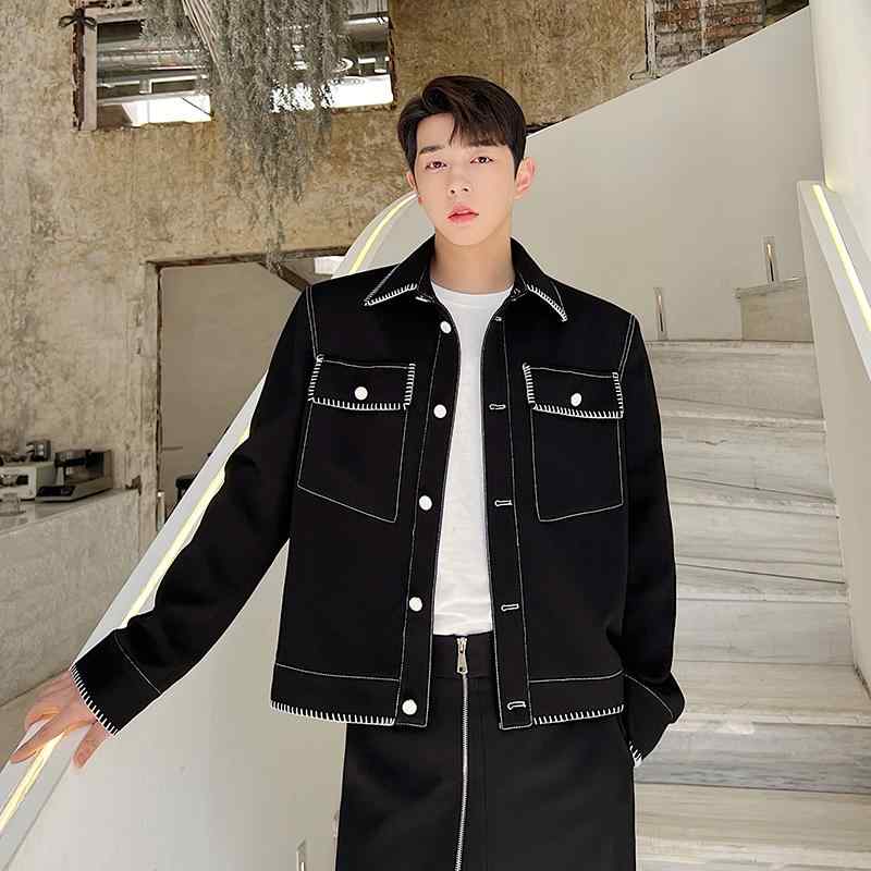 秋 ワークジャケット メンズ トップステッチ 韓国 ストリート ショート ジャケット