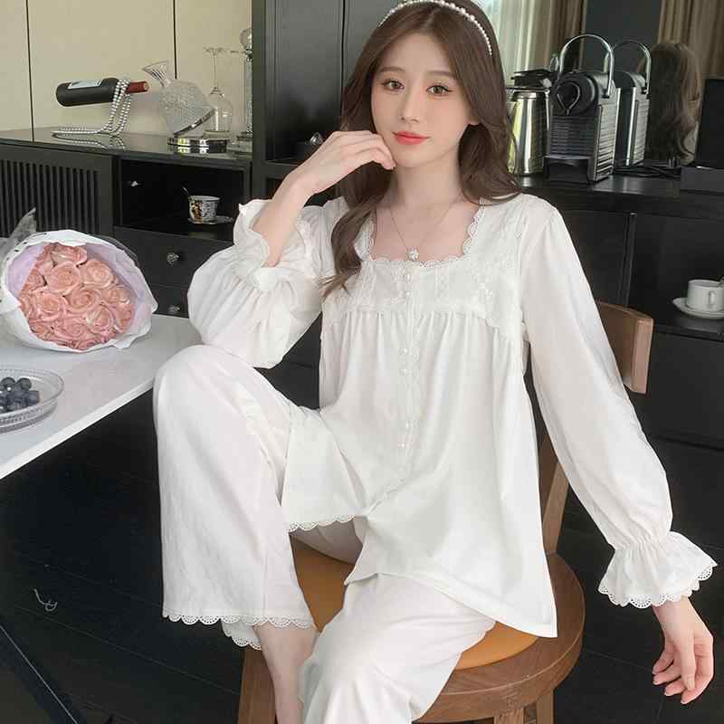 パジャマ レディース 白 レース お姫様 夏秋 薄手 綿 ビーズ カーディガン リラックス ウェア セット
