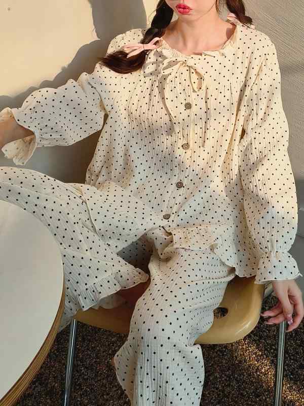 パジャマ レディース 水玉 ネクタイ ラウンドネック 綿 レディース 夏秋 薄手 二層 綿糸 カーディガン リラックス ウェア 上下セット