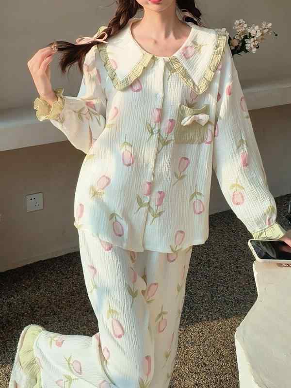パジャマ レディース かわいい スイートガール チューリップ レディース 秋 魅惑 綿 ガーゼ カーディガ..