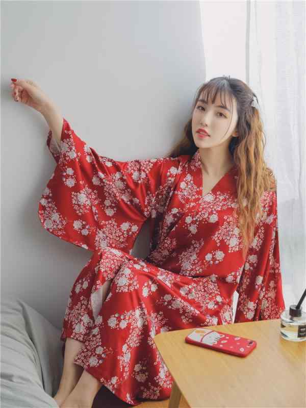 パジャマ レディース ルームウェア 寝間着 秋 中国風 セクシー 長袖 甘くて かわいい 赤 レトロ ネグリジェ 着物