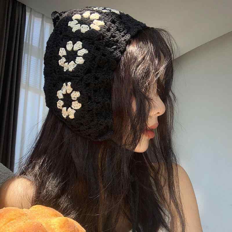 帽子 花 手編み ウール レディース 薄手 フィッシャーマンハット レース 花柄 白黒カラー あ紐