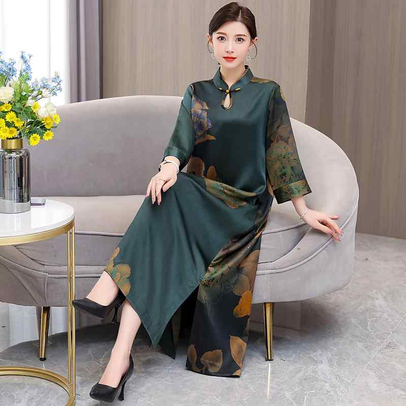 レディース チャイナドレス エレガント レディース ゆったり 大きめサイズ 薄手 チャイナ風 ワンピース グリーン