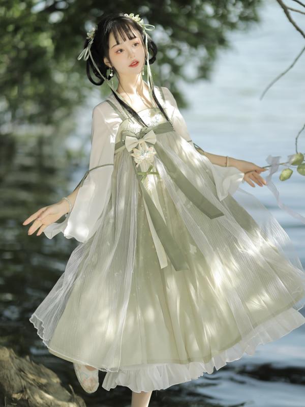 漢服 民族衣装 ドレス 中国風 レディース フルセット レース 夏 ワンピース ロングスカート グリーン レトロ