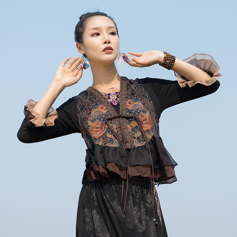 トップス ベスト ショート ノースリーブ チャイナ タッセル 刺繍 ベスト スリム フィット Vネック 短い..